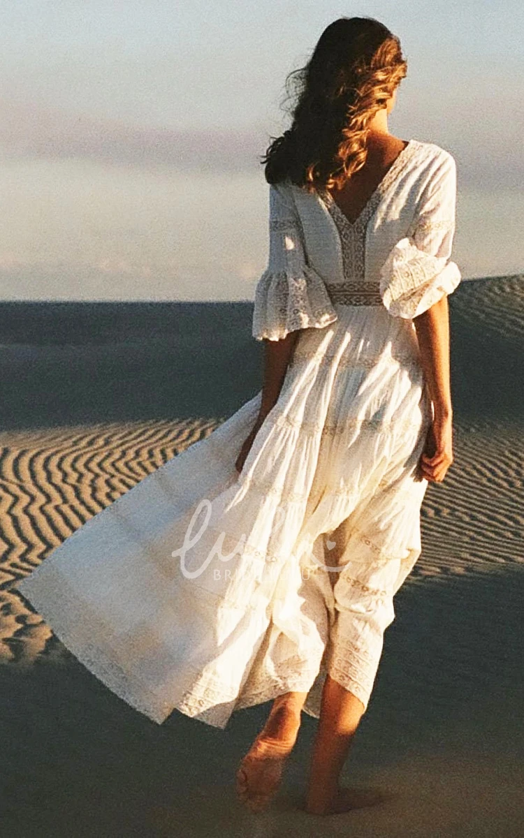 Lace Sheath V-neck Floor Length Wedding Dress with Poet Sleeve Ethereal & Flowy