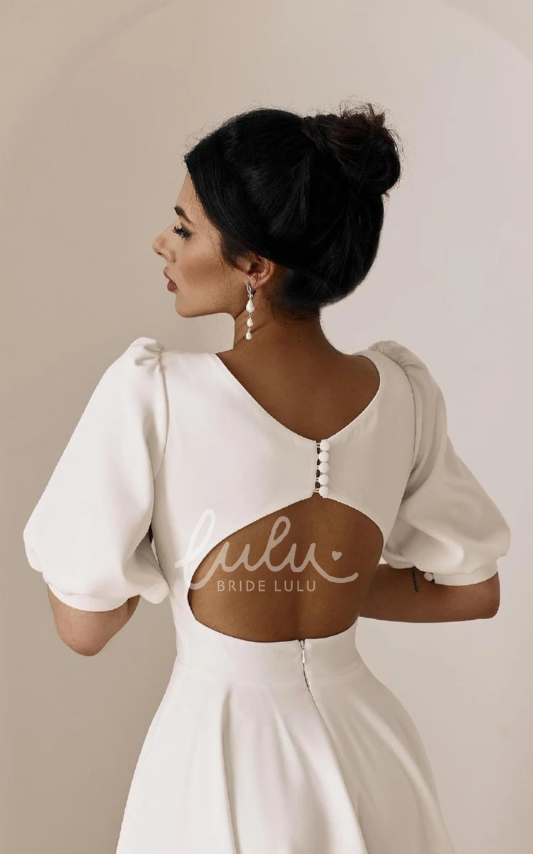 Minimalist Tea Length Summer Wedding Dress Modern Civil A-Line Puff Sleeves Gown for Second Marriage