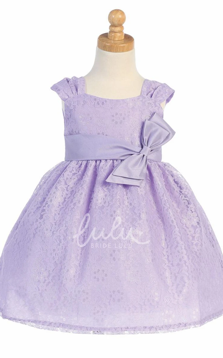 Ruched Tea-Length Tiered Lace Flower Girl Dress Tulle