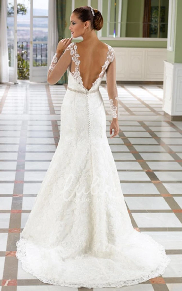 Lace Sleeveless Wedding Dress with Deep-V Back and Court Train Trumpet Floor-Length