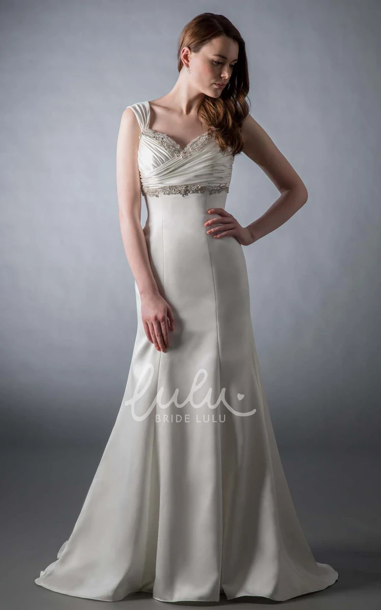 Sheath Satin Wedding Dress Floor-Length Sleeveless Ruched Beading