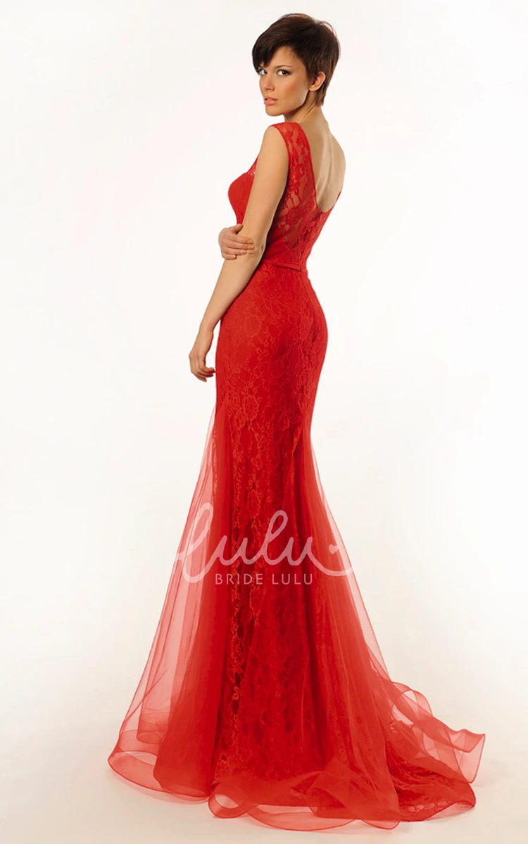 Lace&Tulle Sleeveless Trumpet Prom Dress with Ruffles and Low-V Back