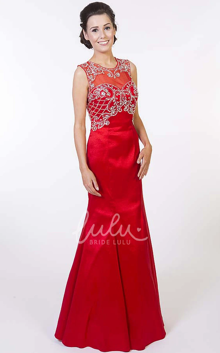 Sleeveless Beaded Satin Trumpet Prom Dress with Scoop Neck Modern Prom Dress