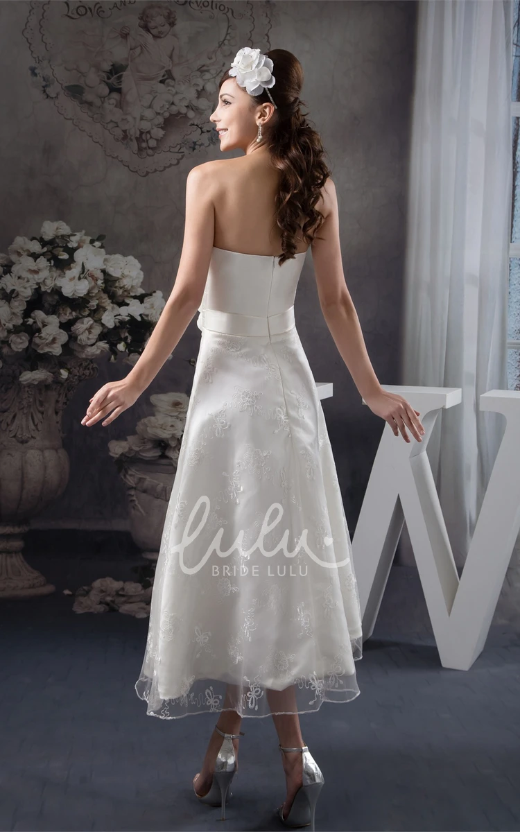 Satin Lace Tea-Length Formal Dress with Sweetheart Neckline and Floral Embellishments