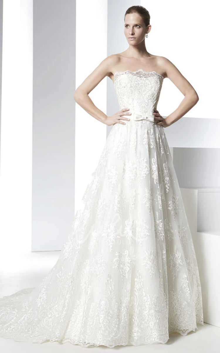 Strapless Lace Wedding Dress Maxi Length with Court Train and V Back