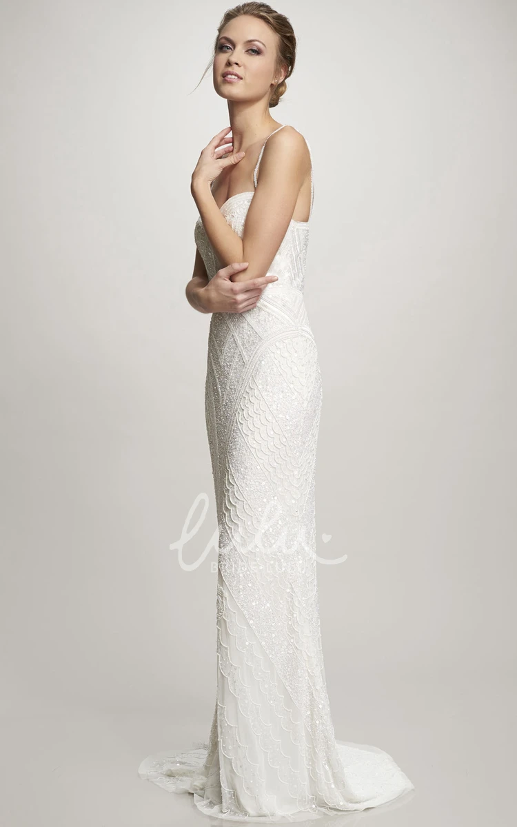 Beaded Chiffon Spaghetti Wedding Dress Maxi Sweep Train