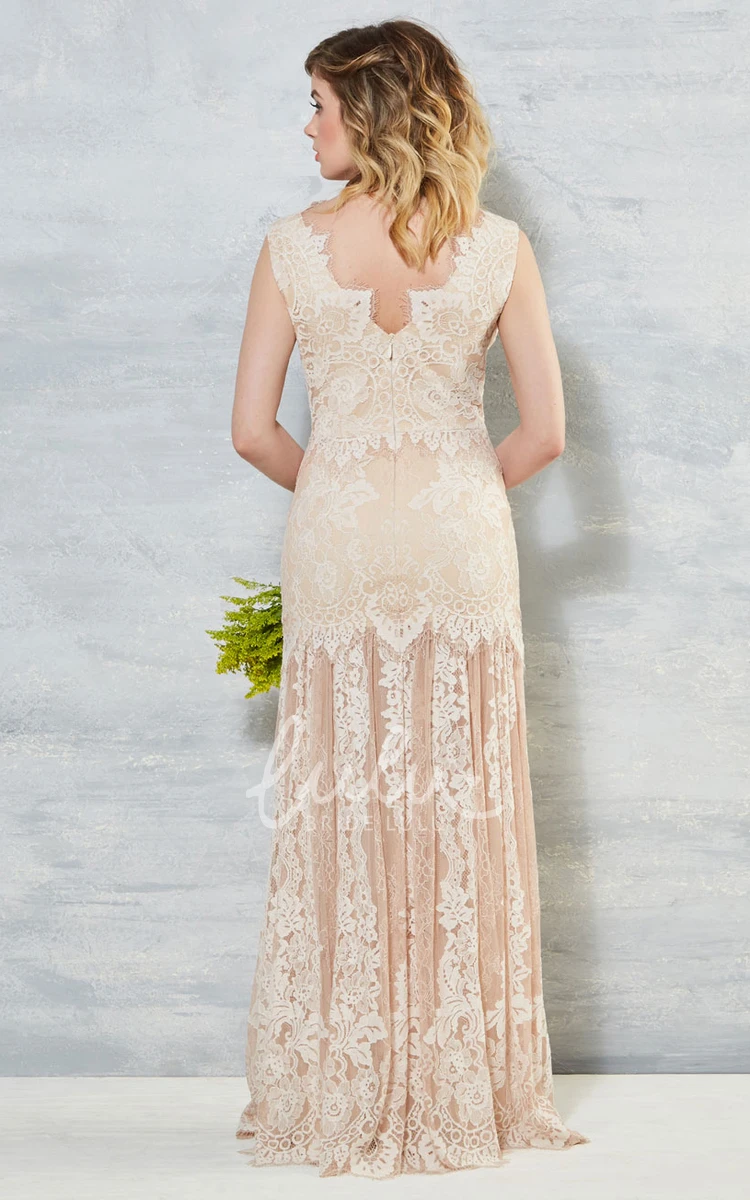 Lace Sheath Wedding Dress Sleeveless V-Neck Long with Appliques and V Back