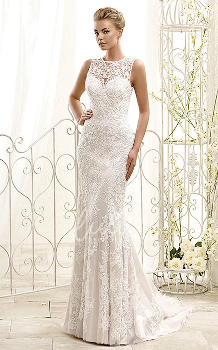 Lace High Neck Sleeveless Sheath Wedding Dress with Appliques Elegant Bridal Gown