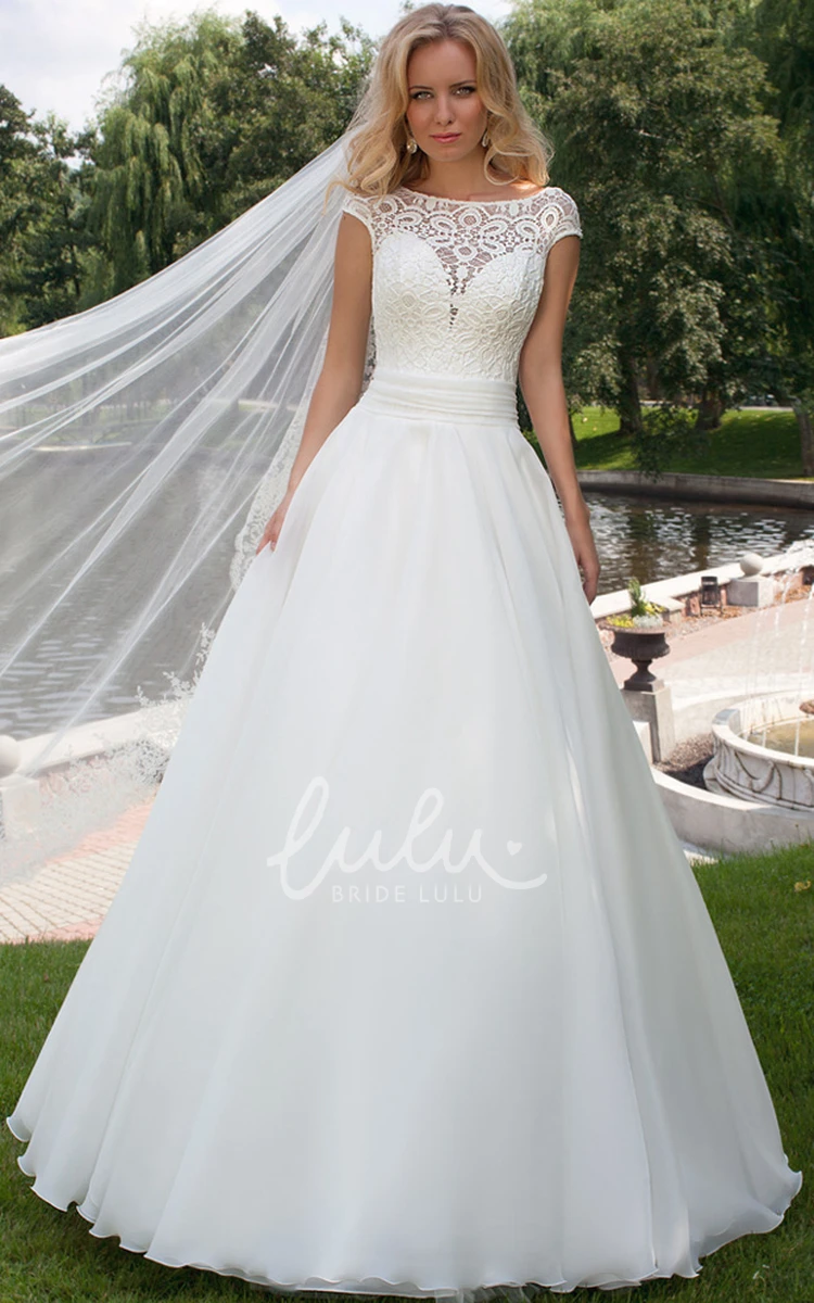 A-Line Cap Sleeve Tulle Wedding Dress with Appliques Elegant Bridal Gown