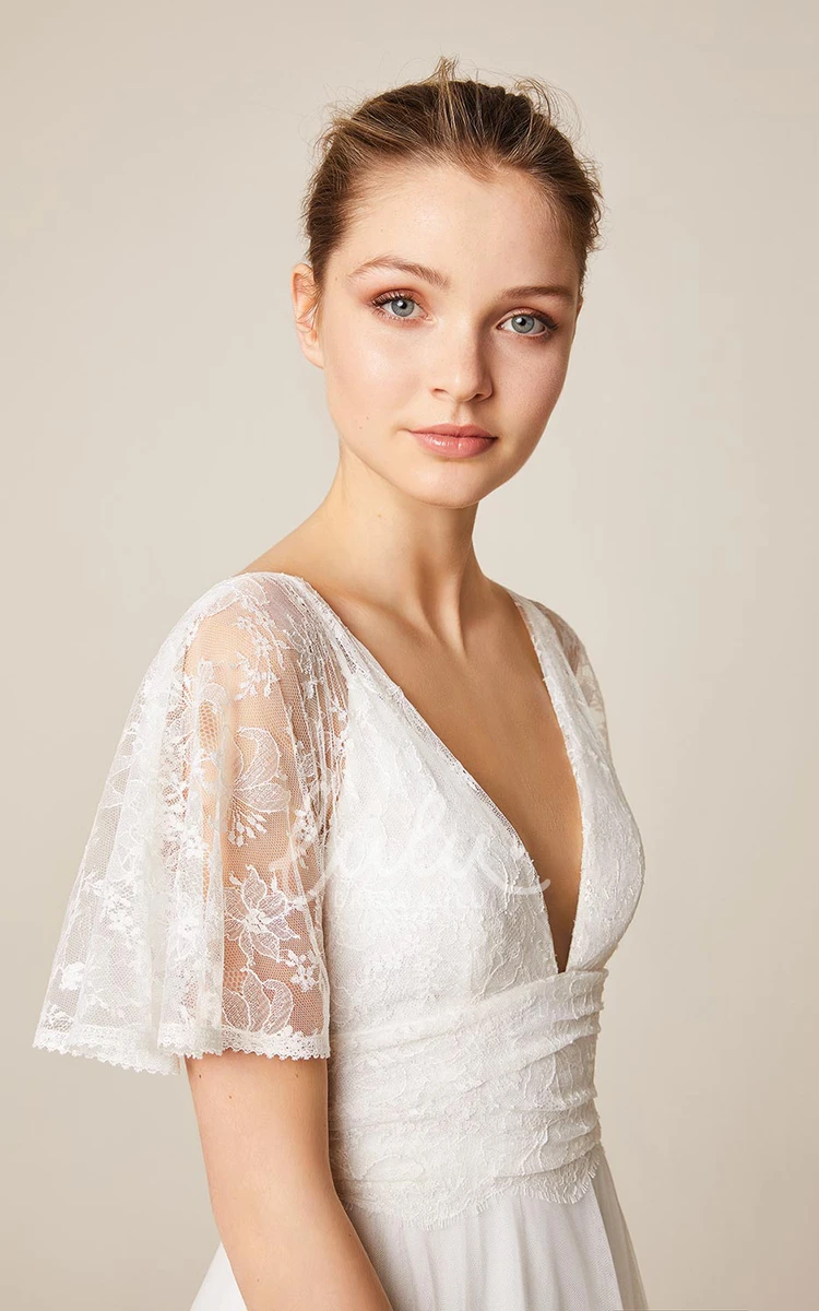 Lace Illusion Short Sleeve Ethereal Wedding Dress Elegant Bridal Gown