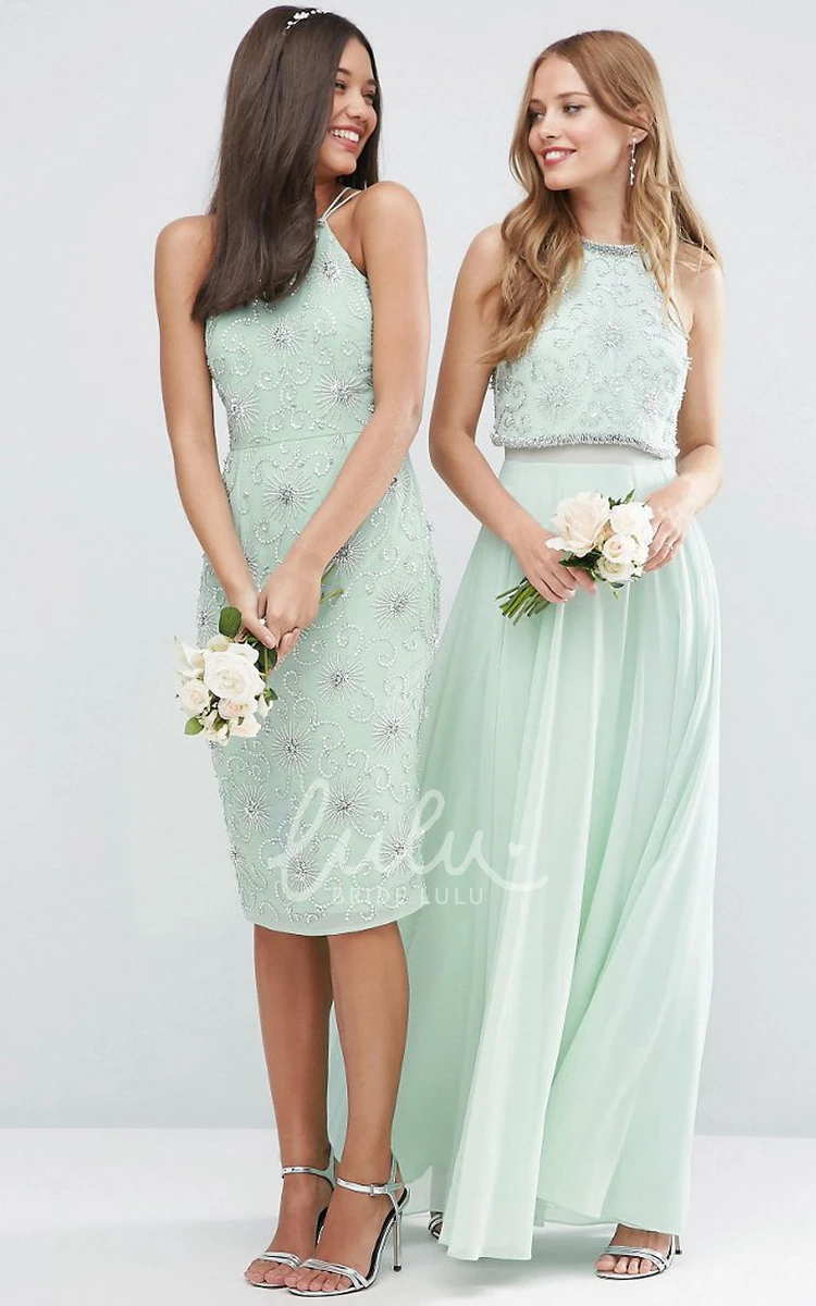 Sleeveless Jewel Neck Beaded Chiffon Bridesmaid Dress with Pleats Flowy Bridesmaid Dress