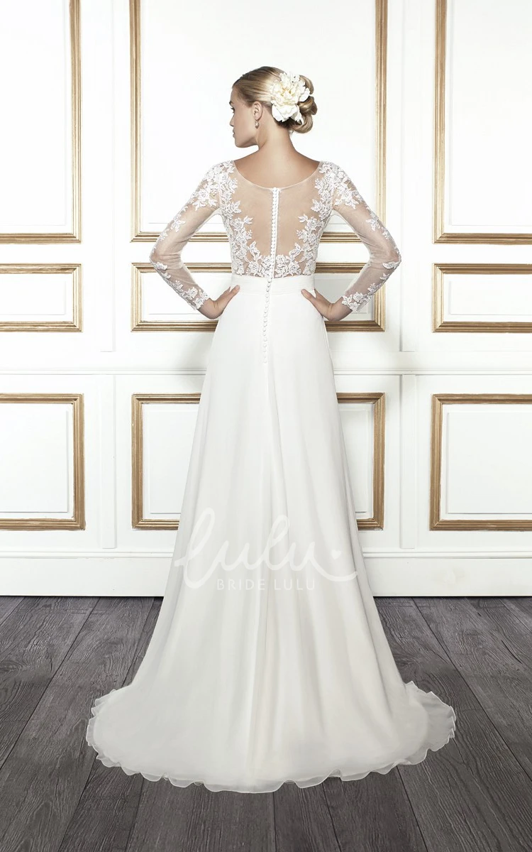 Long-Sleeve Appliqued Chiffon Wedding Dress with Scoop Neckline Flowy Bridal Gown