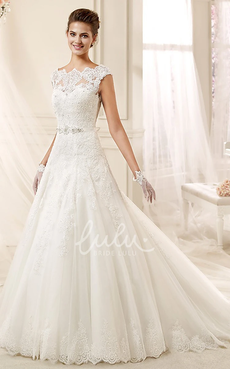 Cap-Sleeve A-line Wedding Dress with Appliques and Scalloped Neckline