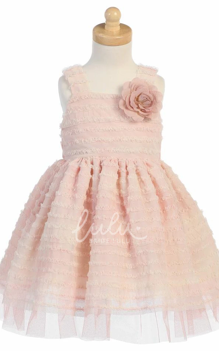 Ruffled Floral Tea-Length Tulle Flower Girl Dress Modern Wedding Dress