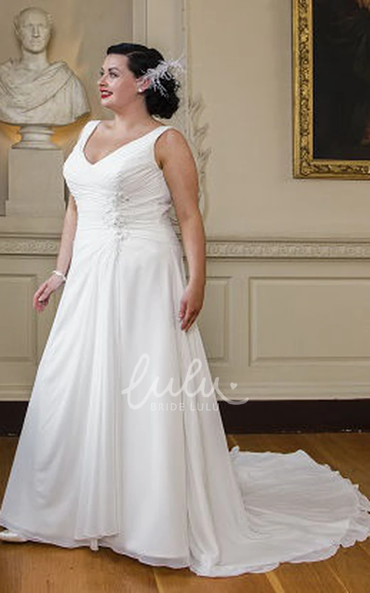 V-Neck A-Line Wedding Dress with Sleeveless and Train