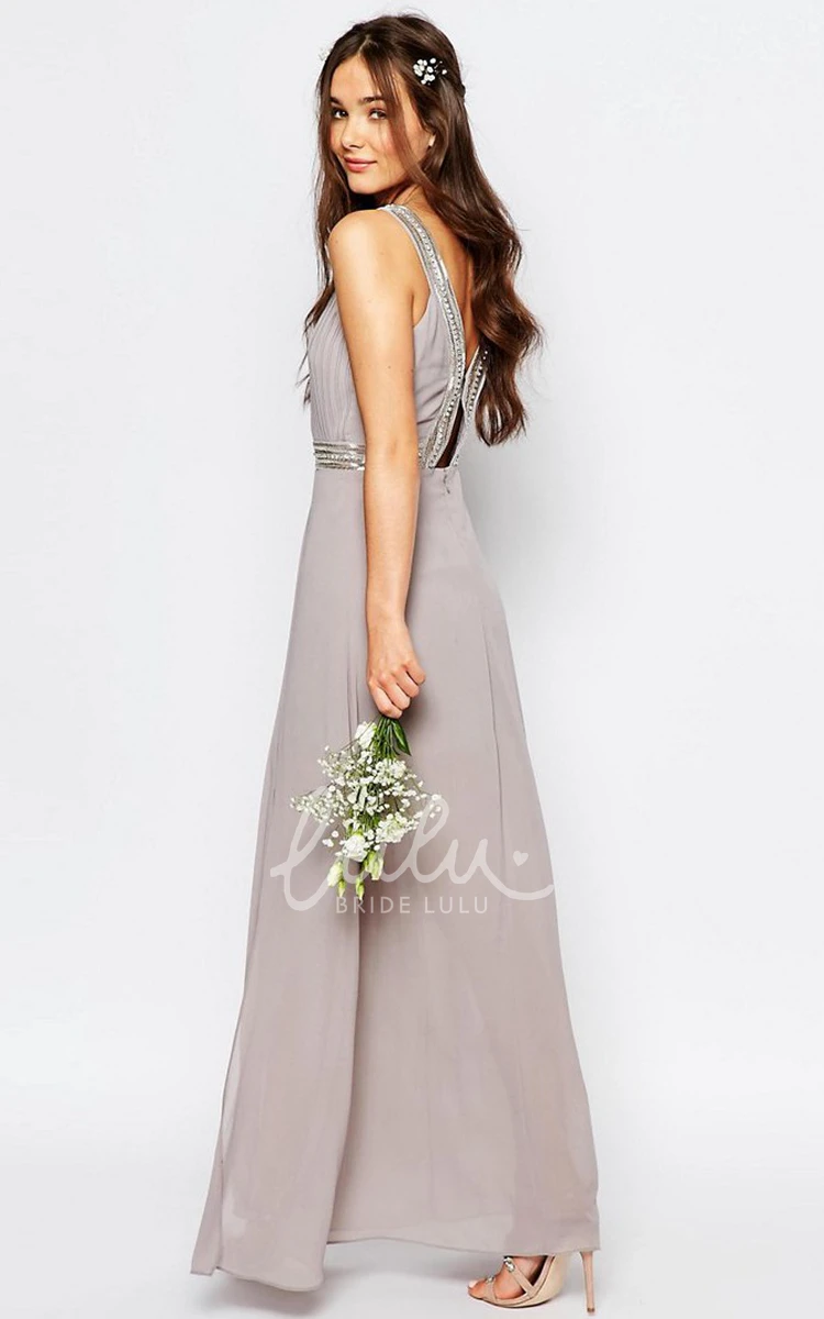 A-Line Beaded Chiffon Bridesmaid Dress Sleeveless Scoop-Neck Pleats Floor-Length