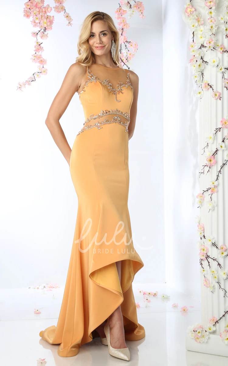Illusion High-Low Sleeveless Sheath Dress with Beading for Prom