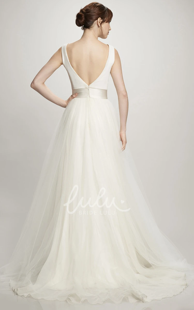 Satin&Tulle A-Line Wedding Dress with Low-V Back and Court Train Classy Bridal Gown