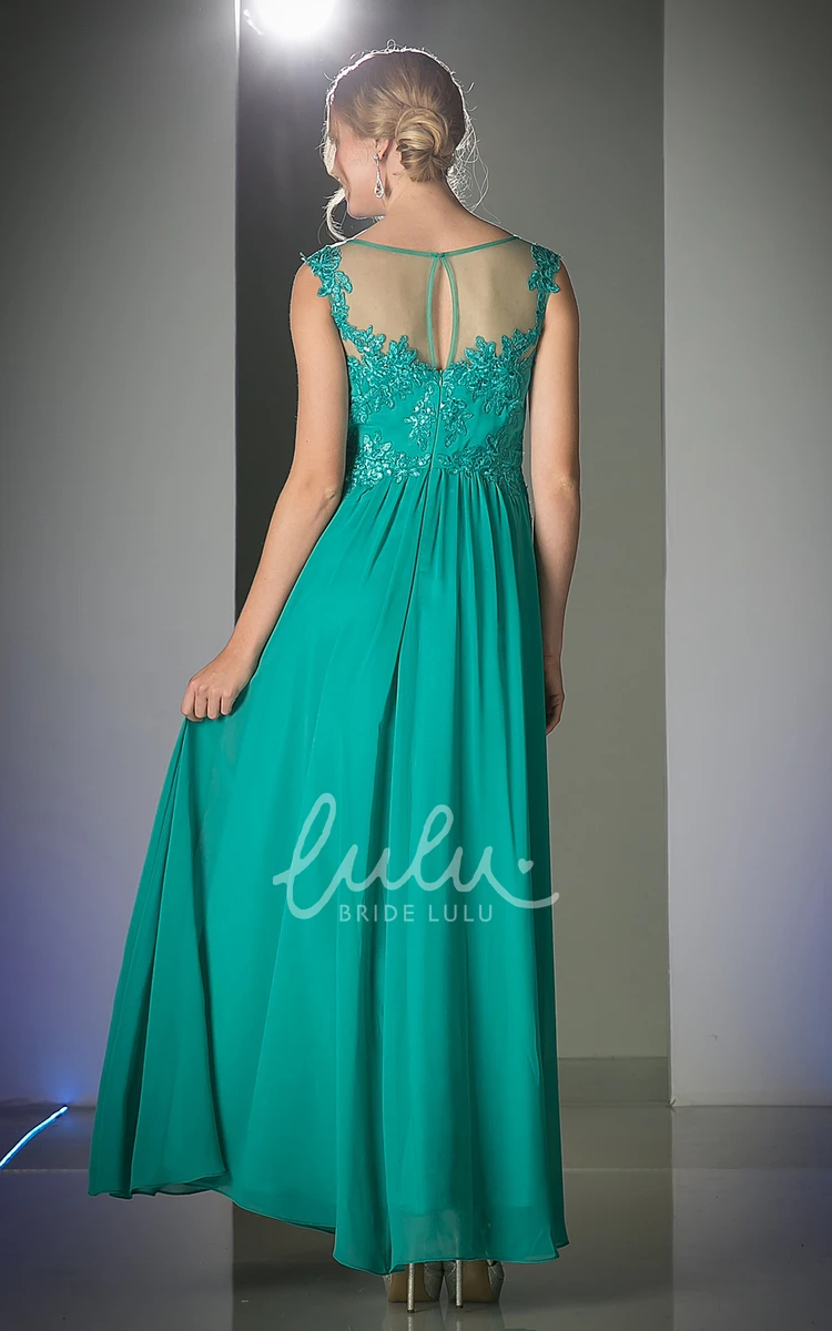 Scoop-Neck Sleeveless Sheath Dress with Appliques and Illusion in Chiffon Fabric