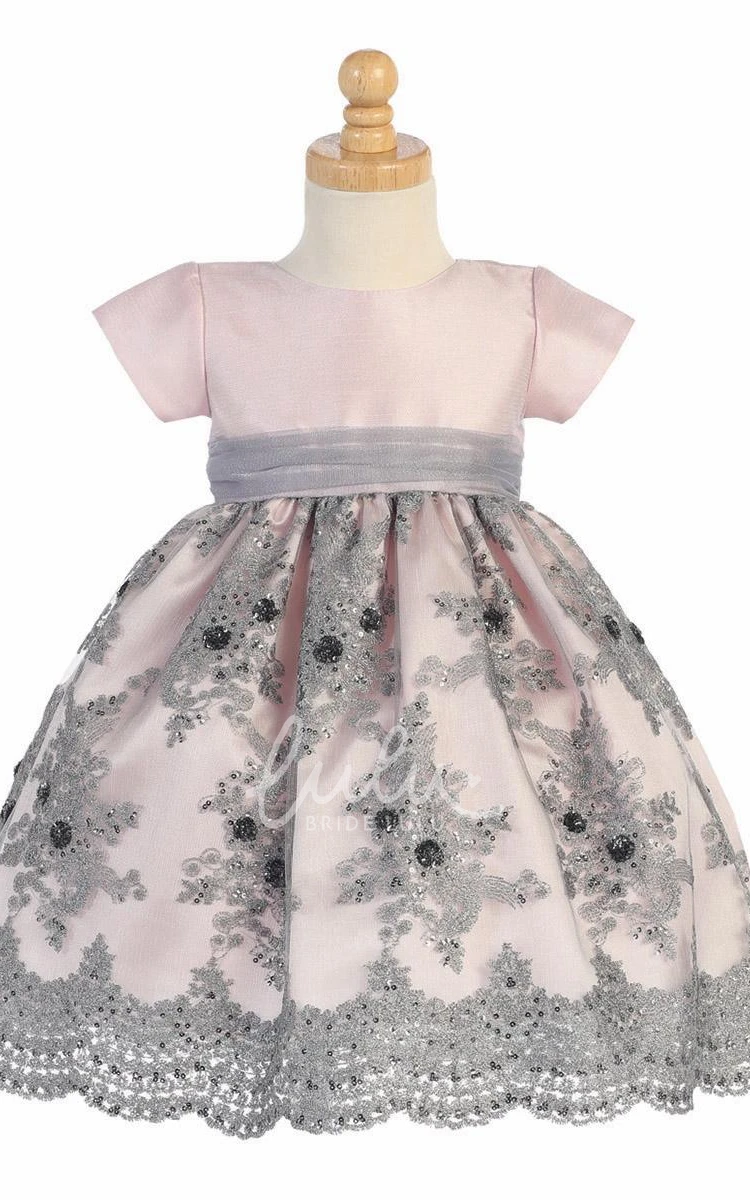 Embroidered Sequin Tulle Floral Dress with Sash Tea-Length Flower Girl Dress