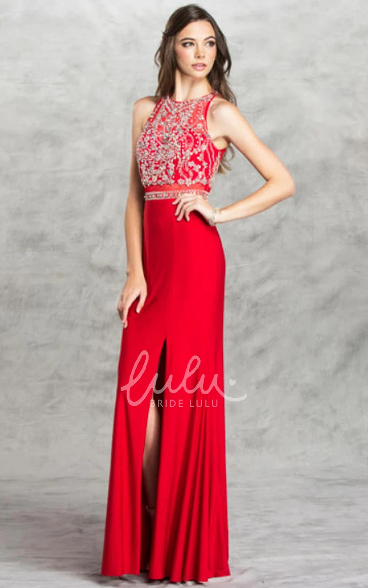 High Neck Sleeveless Jersey Formal Dress with Illusion and Beading