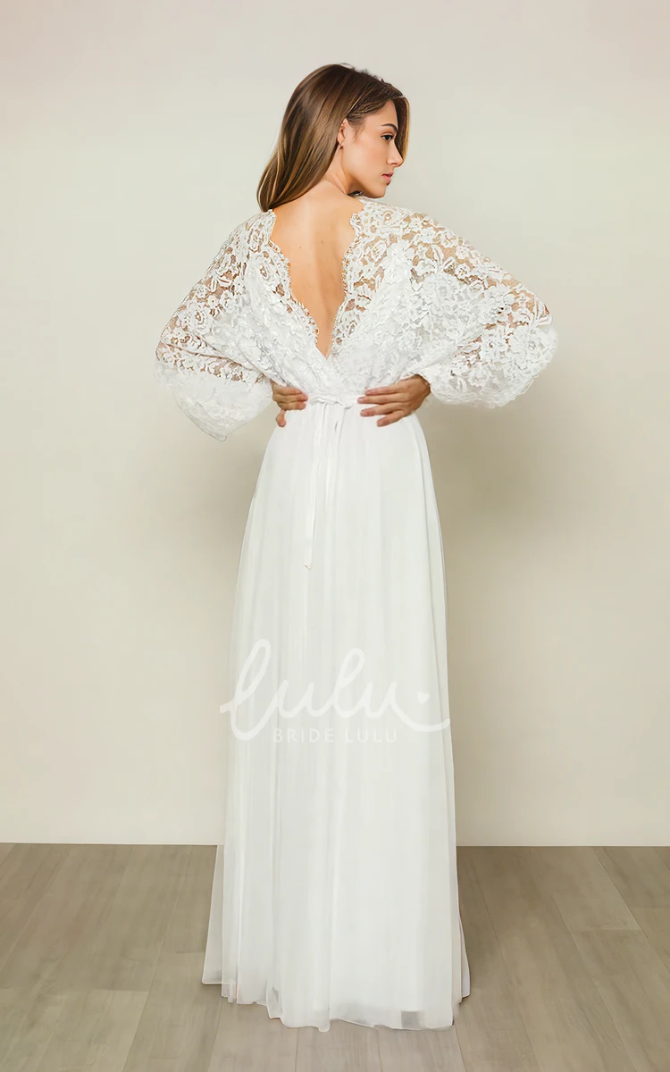 V-neck Boho Lace Sheath Ethereal Bat Sleeve Floor-length Bride Wedding Dress