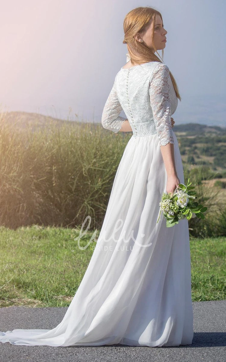 Lace & Button Back Chiffon Wedding Dress with Illusion Sleeves