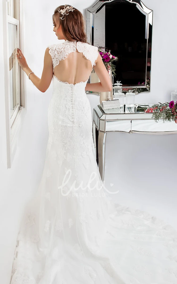 Queen-Anne Appliqued Lace Sheath Wedding Dress with Keyhole Back and Waist Jewelry Modern Wedding Dress