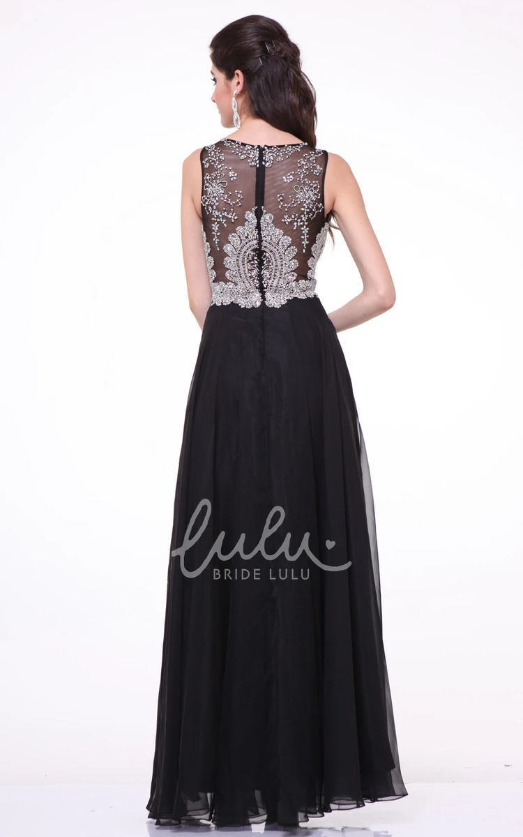 Jewel-Neck Chiffon A-Line Dress with Beading and Pleats for Bridesmaids