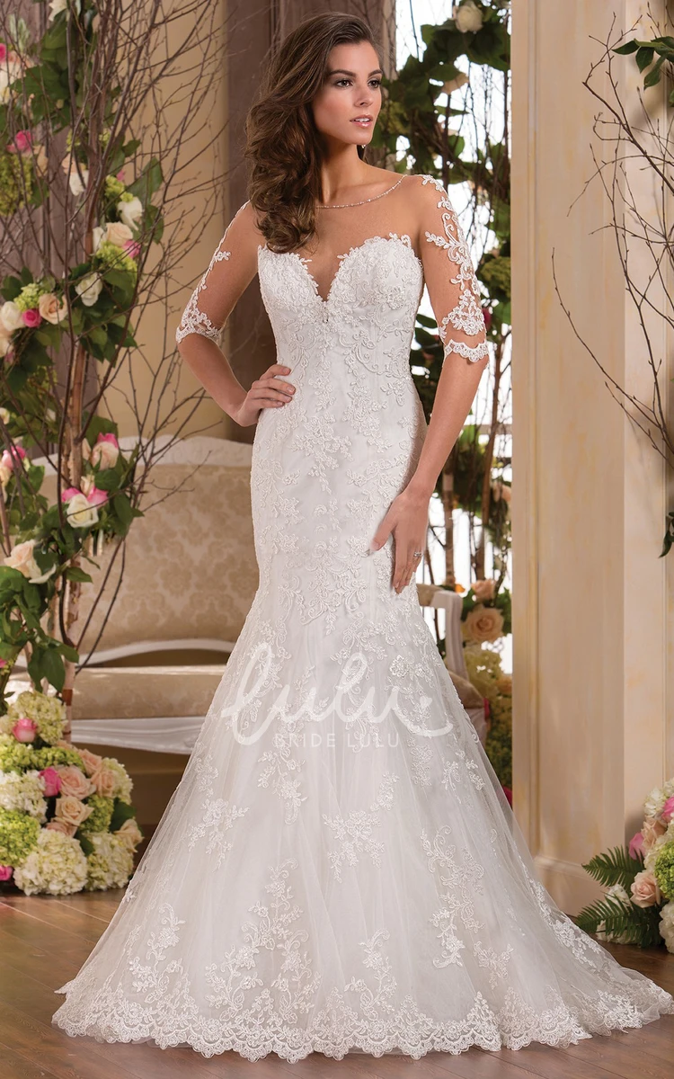 Illusion Appliqued Mermaid Wedding Dress with Half Sleeves