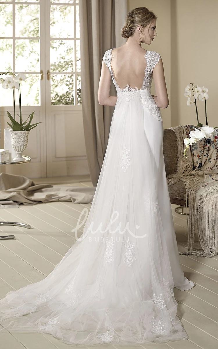 Cap-Sleeve Jewel-Neck Appliqued Tulle Sheath Wedding Dress Modern Bridal Gown