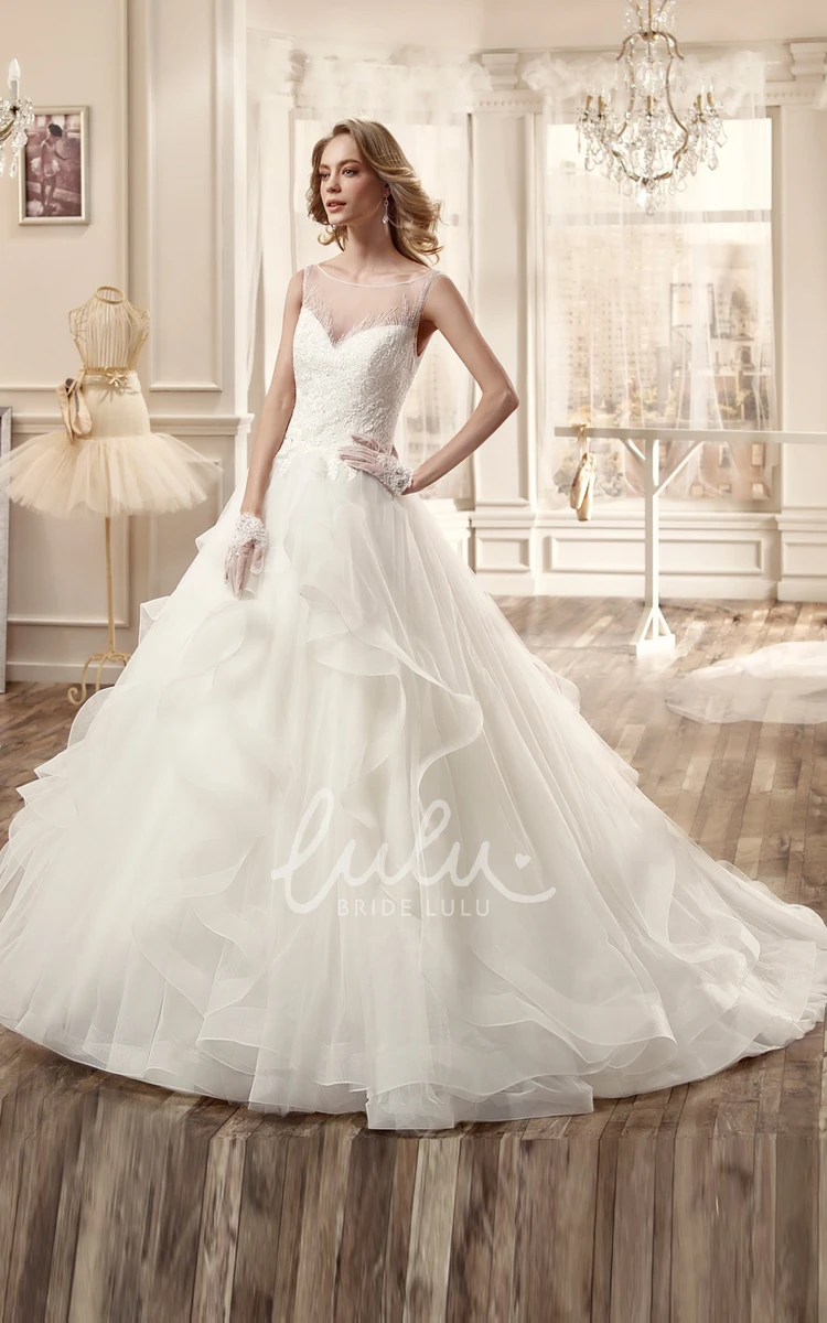 Cap-Sleeve Wedding Dress with Illusion and Ruched Skirt Classic Bridal Gown