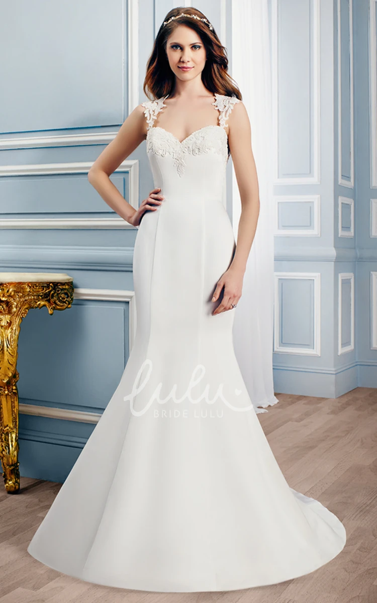 Trumpet Queen-Anne Appliqued Satin Wedding Dress with Court Train Long Sleeve Bridal Gown