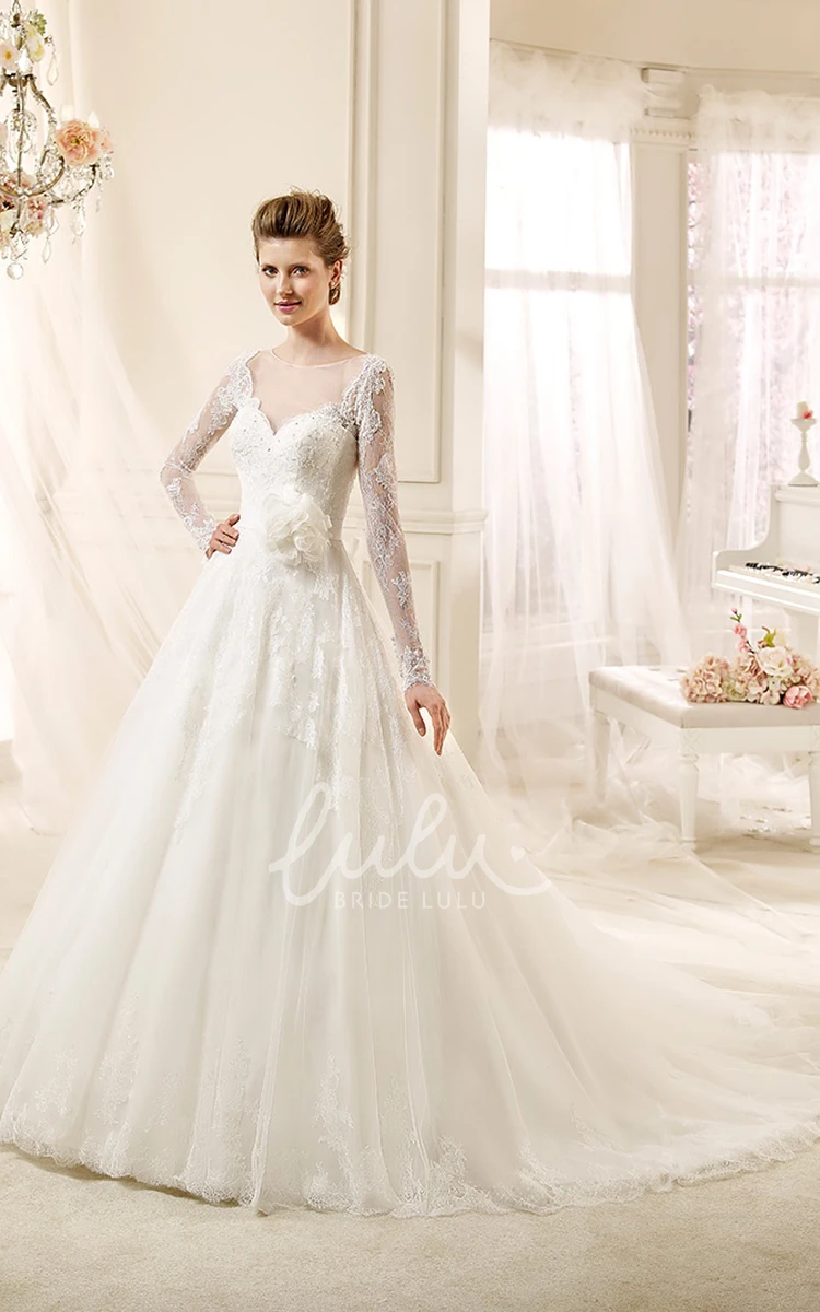 Long-sleeve A-line Wedding Dress with Flower and Illusive Design Modern & Unique Wedding Dress