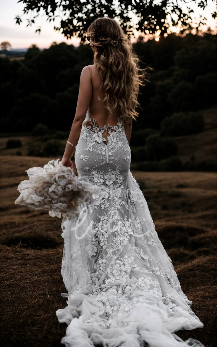 Sexy Mermaid V-Neck Sleeveless Backless Illusion Straps Adorable Lace Appliques Chill Country Wedding Dress with Train
