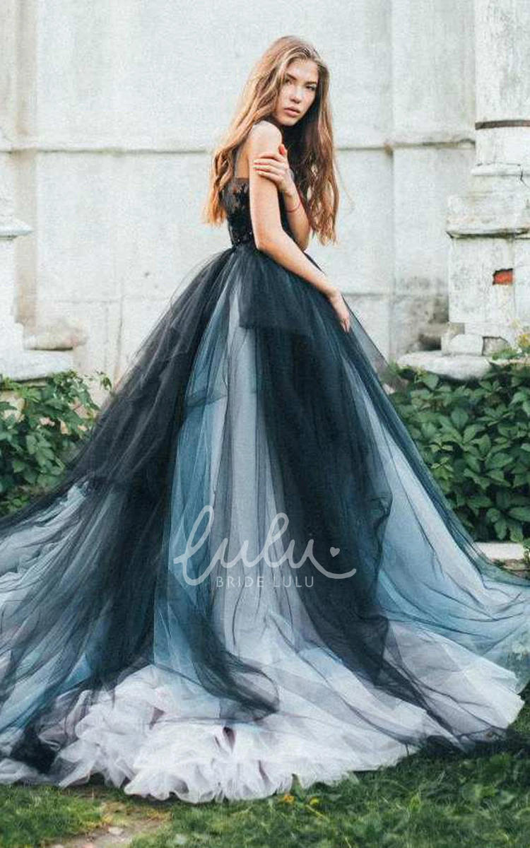 Black and Grey Gothic A-Line Boho Lace Wedding Dress Sexy Flowy Sleeveless Deep-V Back Tulle Bridal Gown with Train