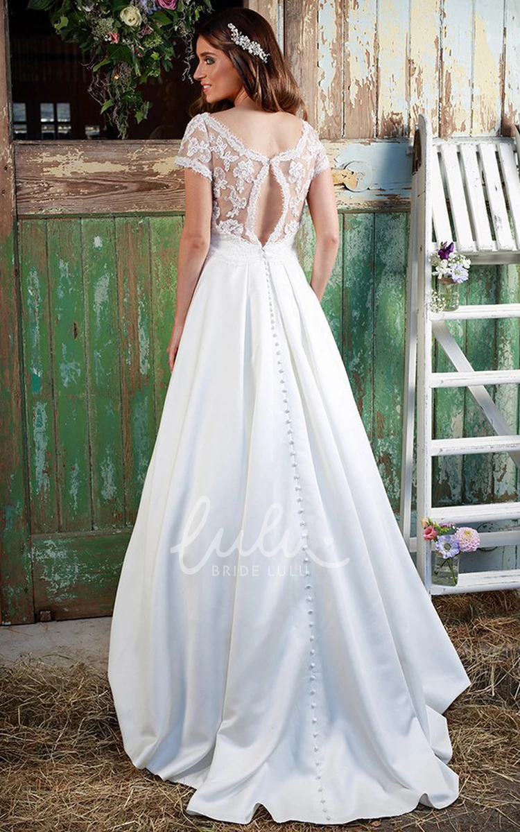 Short-Sleeve Satin&Lace Wedding Dress with Appliques Classic Bridal Gown