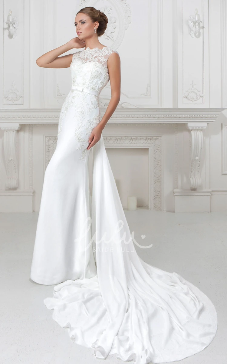 Satin Cap-Sleeve Bateau-Neck Sheath Wedding Dress