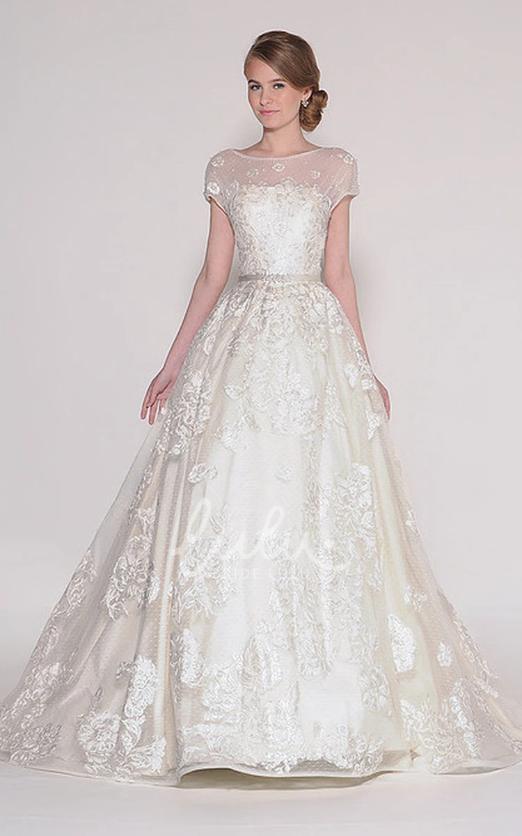 Lace Applique V-Back Wedding Dress Ball Gown with Short Sleeves and Bateau Neckline