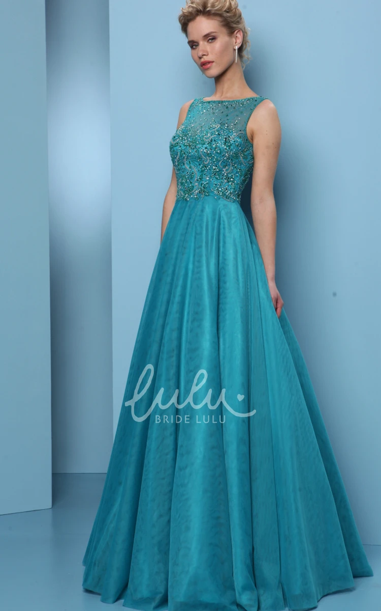 Beaded A-Line Prom Dress with Jewel-Neck and Pleats