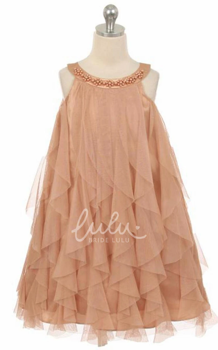 Floral Satin Tea-Length Flower Girl Dress with Beading and Ruffles