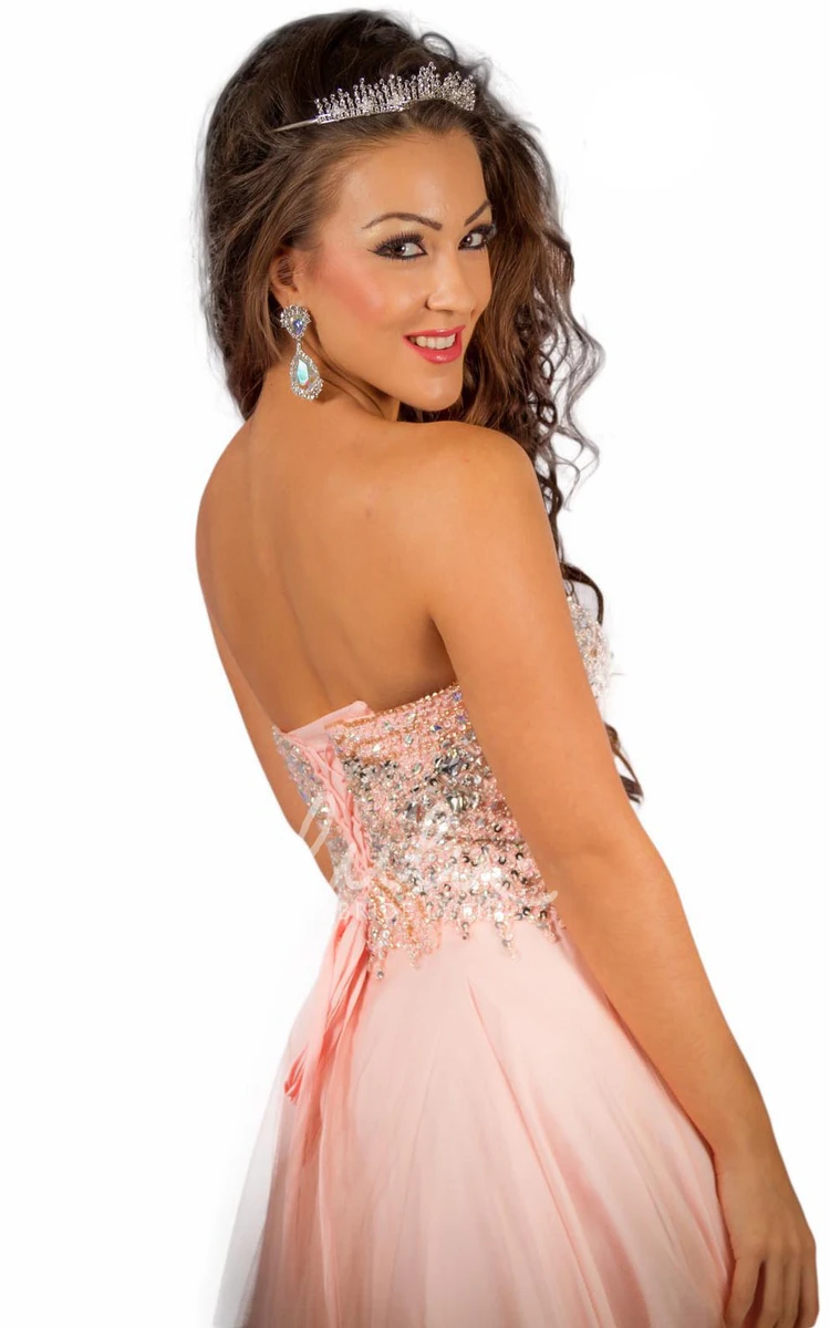 Sweetheart Sleeveless Beaded Tulle&Satin A-Line Prom Dress Simple Prom Dress for Women