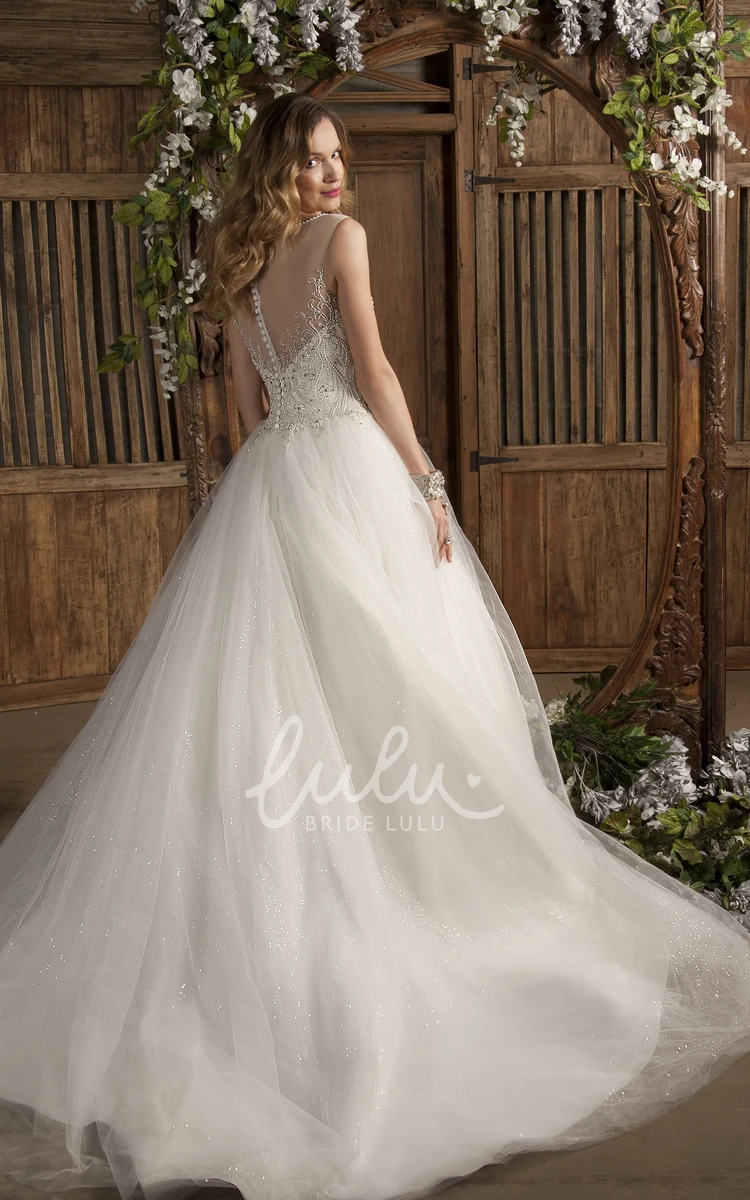 Ball Gown Appliqued Tulle Wedding Dress Bateau Neck Sleeveless Modern