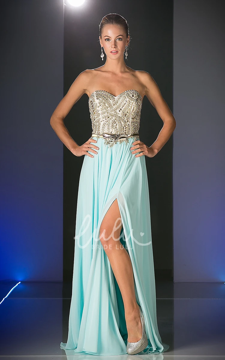 Maxi Sweetheart Prom Dress with Chiffon Beading and Split Front