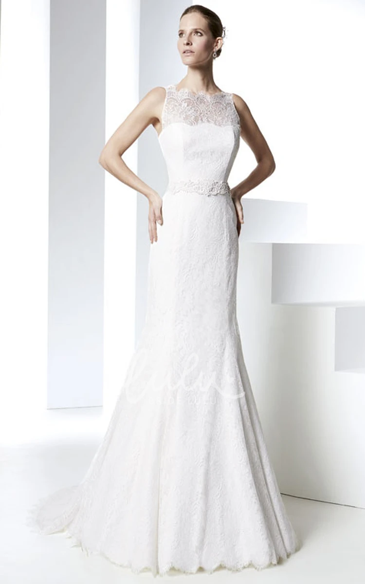 Sleeveless Jeweled Bateau Lace Wedding Dress with Illusion Back Modern Bridal Gown