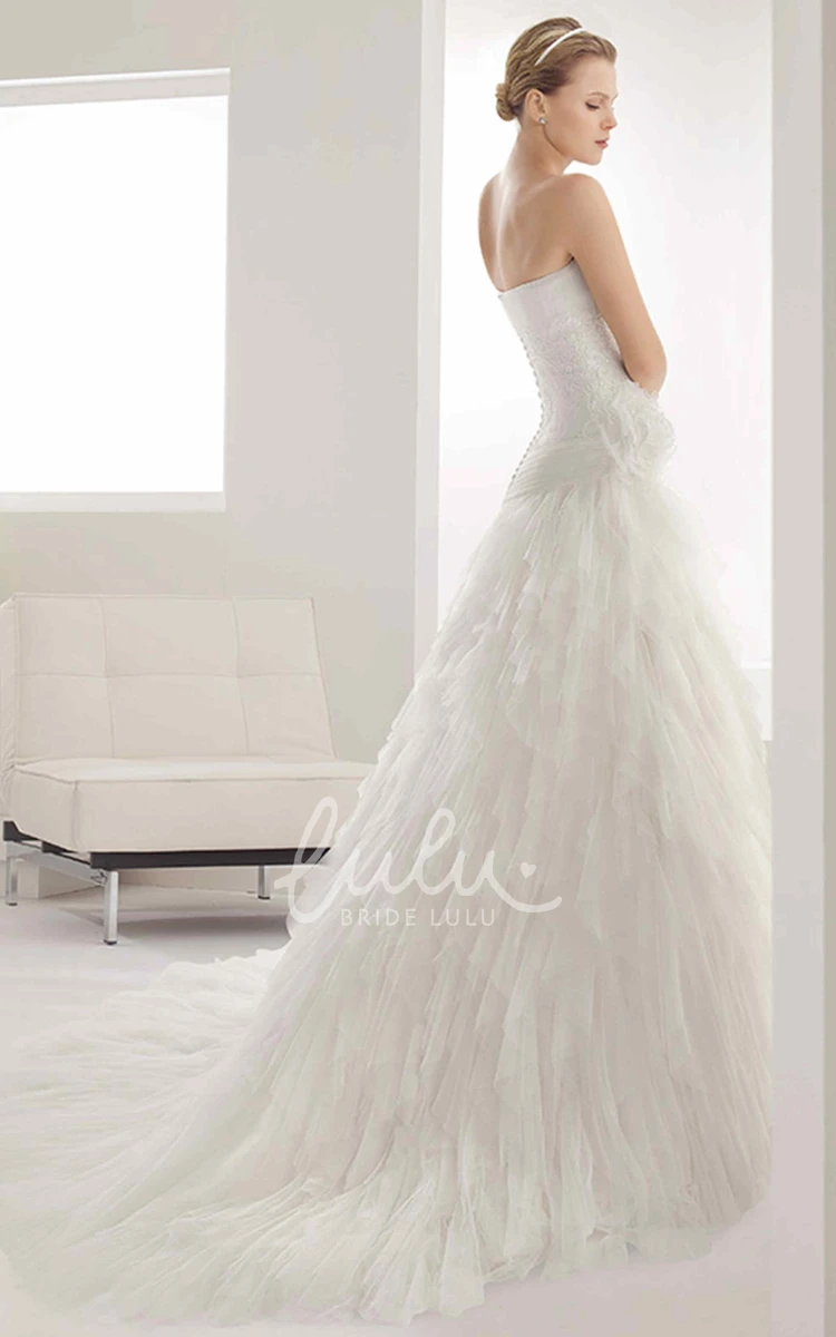 Embroidered Mermaid Tulle Dress with Tiered Skirt Strapless Wedding Gown