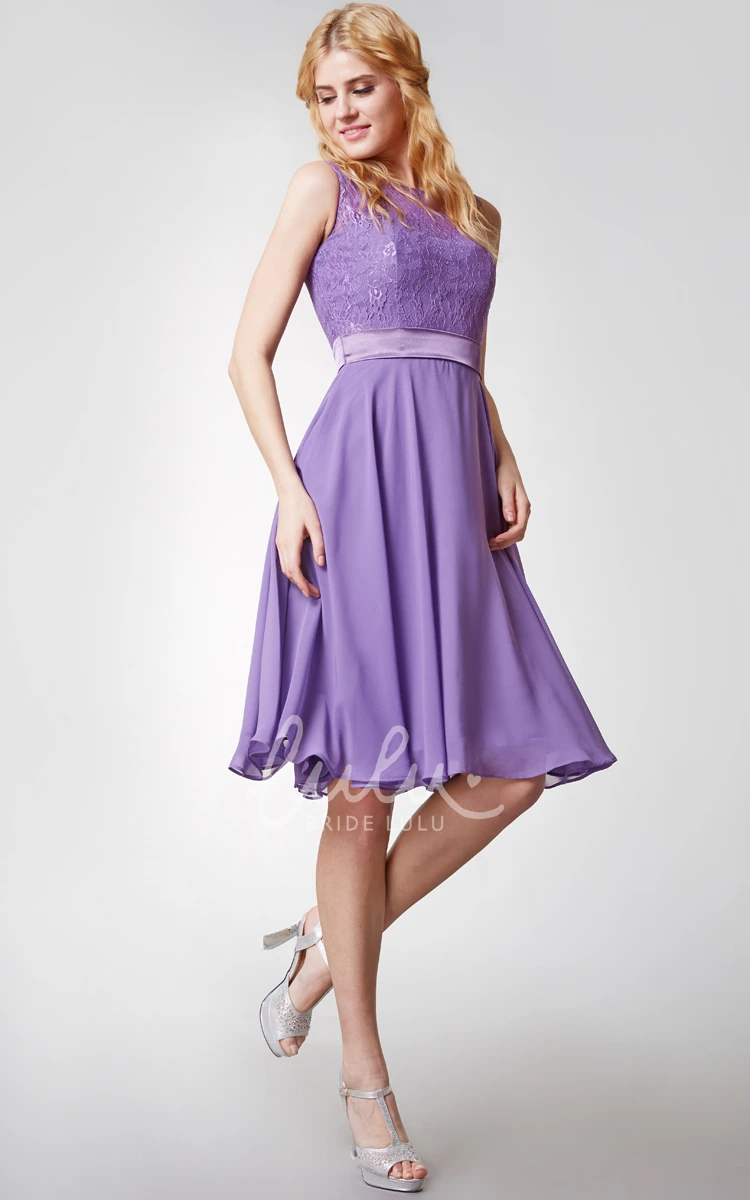 Knee Length Chiffon Dress with Lace Bodice and Bateau Neckline