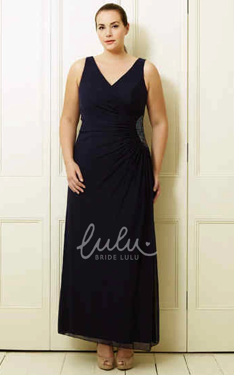 Side-Draped Sleeveless Chiffon Prom Dress with Beading and V-Neck for Plus Size