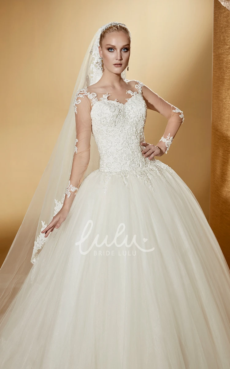 Long-Sleeve Ball Gown with Illusive Design and Lace Bodice Modern and Sophisticated