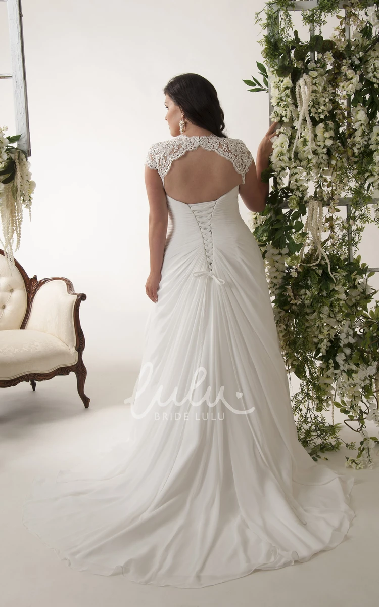 Chiffon Cap-Sleeve V-Neck Plus Size Wedding Dress with Ruching and Keyhole Flowy Wedding Dress